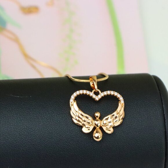 "Rose Gold Heart Pendant with Angel Wings and Crystal Accents, XPPT1251 - Picture 8 of 12